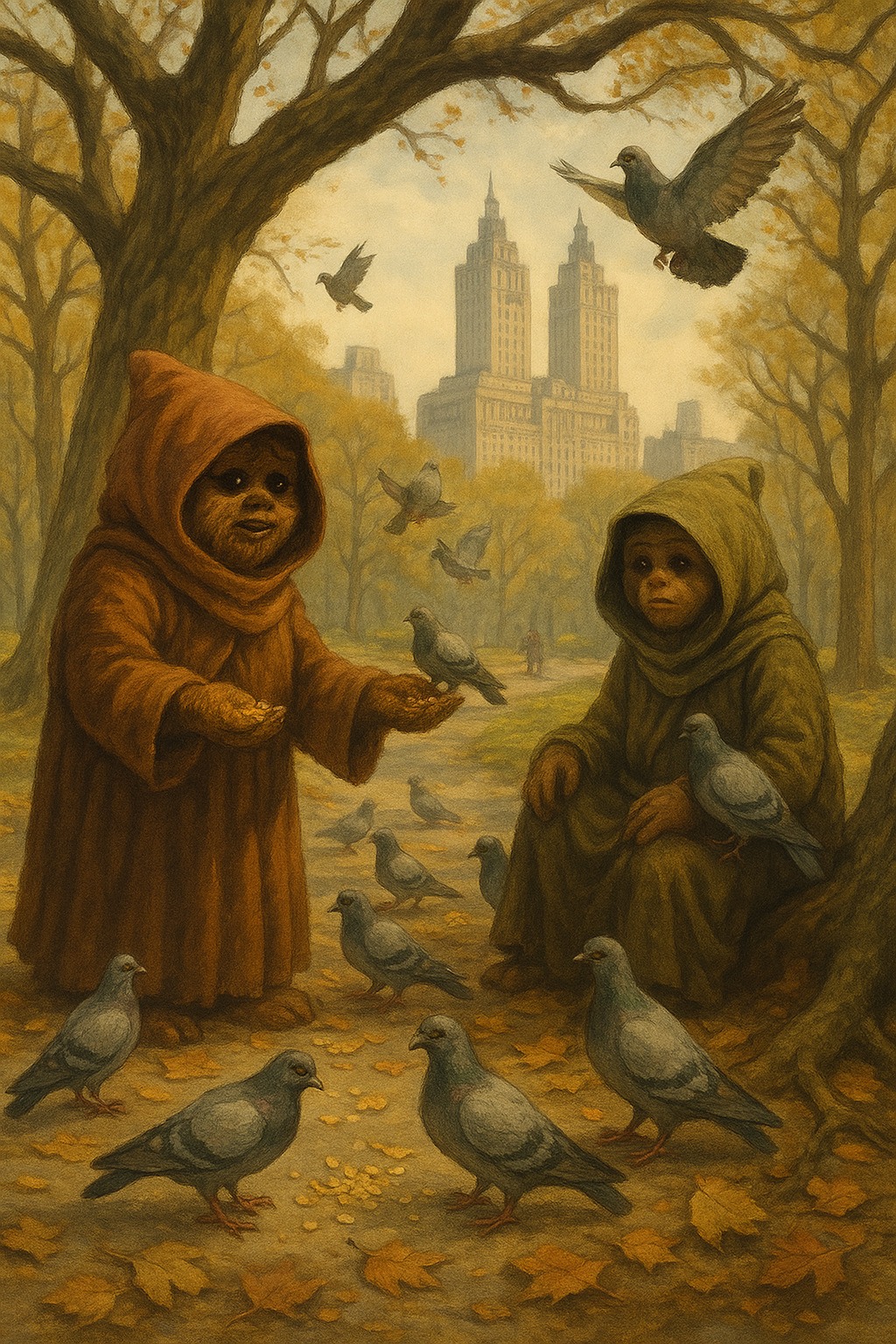 Ewoks feeding pigeons in Central Park