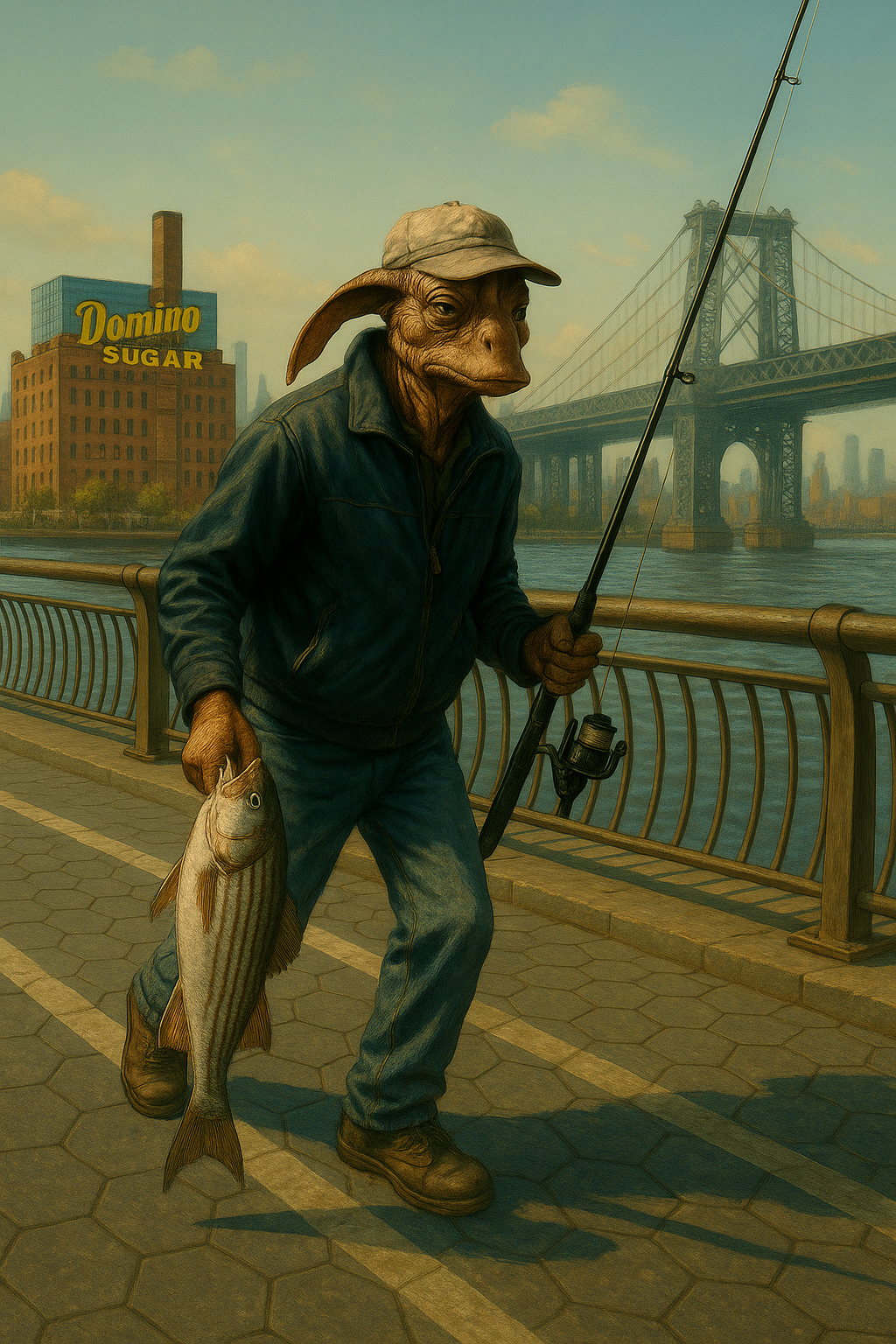 Alien fishing by Manhattan Bridge in Brooklyn