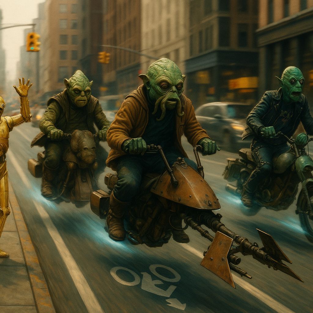 Aliens riding speeder bikes through NYC streets